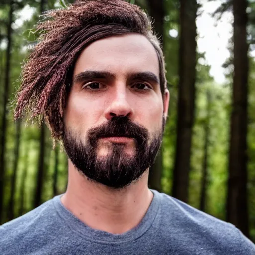 Prompt: close-up photo of a man with a forest on his head instead of hair