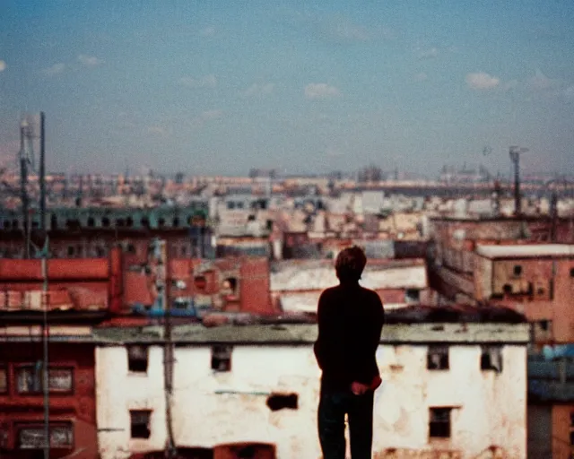 Image similar to lomo photo of man standing on the roof of soviet hrushevka, small town, cinestill, bokeh, out of focus