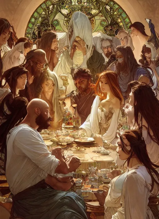 Prompt: the last supper beautiful painting by artgerm and greg rutkowski and alphonse mucha, highly detailed, illustration, epic, fantasy, intricate, hyper detailed, artstation, concept art, smooth, sharp focus, ray tracing, only mens