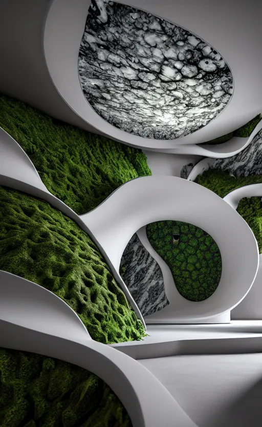 Image similar to highly detailed ultra sharp 3 d render villa interior cinematic composition of a smooth ceramic porcelain biomorphic magnolia stone nebula fluid fractal sci - fi surreal architecture landscape, granite, metallic, magnesium, marble, moss and lichen, vincent callebaut composition, mamou - mani, archviz, beautiful lighting, 8 k, unreal engine, hdr,