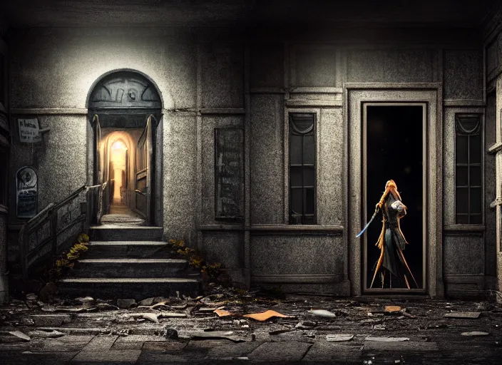 Image similar to streets of an abandoned gray city at night with a lone elven woman warrior sitting in the corner next to a closed door. Fantasy magic horror style. Highly detailed 8k. Intricate. Nikon d850 55mm. Award winning photography.