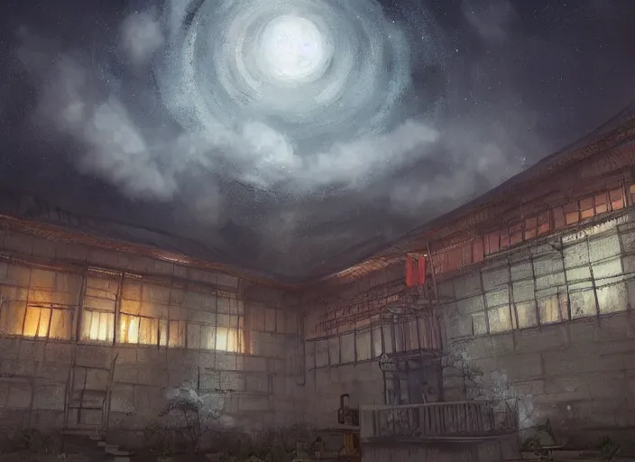 Prompt: a chinese prison at night lit by the stars, wispy smoke, highly detailed face, very intricate, symmetrical, cinematic lighting, award - winning, painted by mandy jurgens, peter doig, dystopian, bold colors, dark vibes, featured on artstation