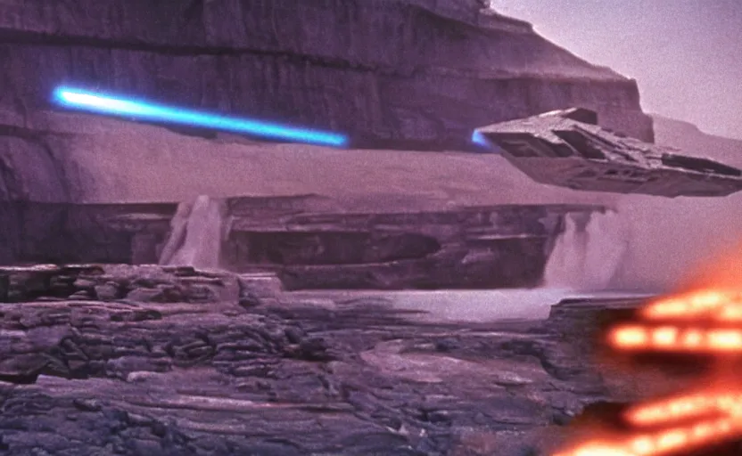 Image similar to iconic cinematic screenshot of star destroyer landing on waterfall canyon planet, from the action - packed scene from the 8 0 s star wars sci fi film by stanley kubrick, glowing, kodak film stock, 4 k, crisp, hyper detailed, photo real, anamorphic lenses 2 4 mm, lens flare,, award winning