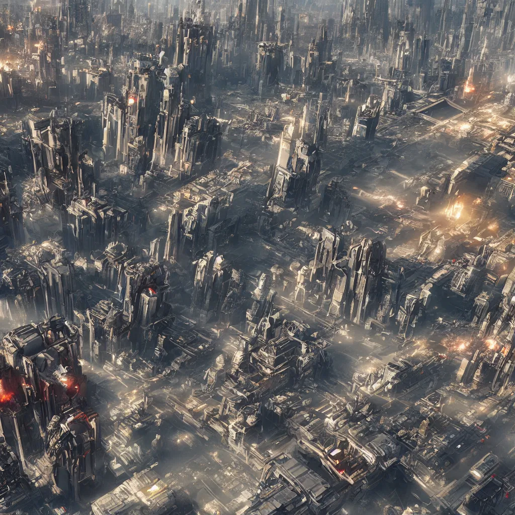 Image similar to [six giant futuristic scifi-bombers] in the center, [a baroque cyberpunk city in the background], [explosions and fire], hypermaximalistic, high details, cinematic, 8k resolution, beautiful detailed, insanely intricate details, artstation trending, octane render, unreal engine