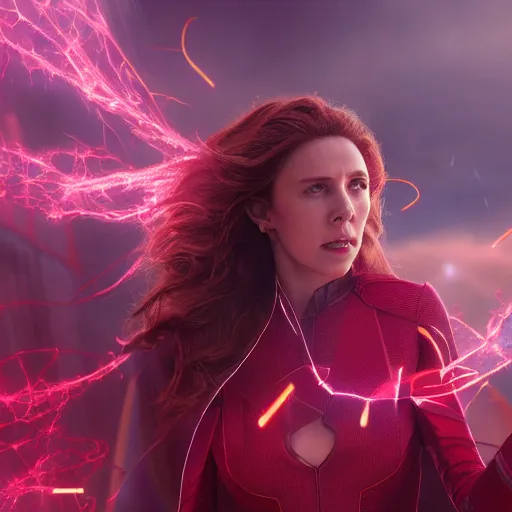 Image similar to movie still of scarlet witch creating a magical barrier made of red energy around herself, photorealistic art style, futurism aesthetic, artstation, cgsociety contest winner