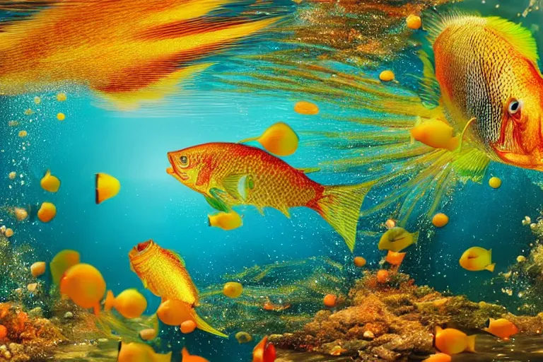 Image similar to ultra realistic underwater photography, panoramic picture of a river with ( subject : a very big exotic brightly coloured fish ). lots of bubbles. wavy, scattered light entering from the water surface, artstation, focus on the fish, extremely hyperrealistic crisply sharp fish, 8 k