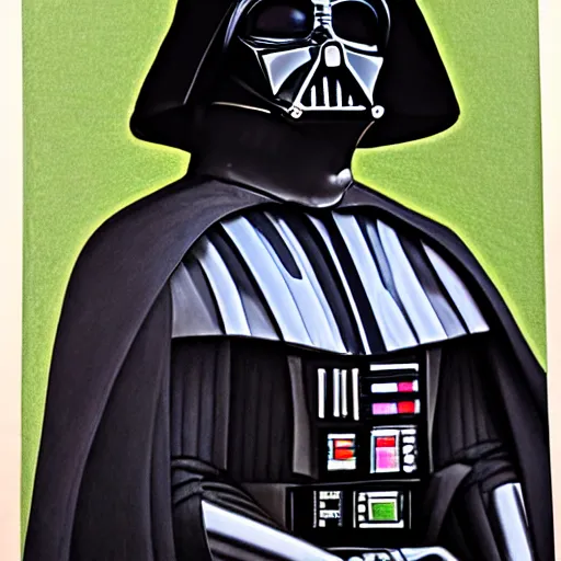 Prompt: colored pencil drawing of darth vader, wide shot of a portrait hanging on the wall in the louvre