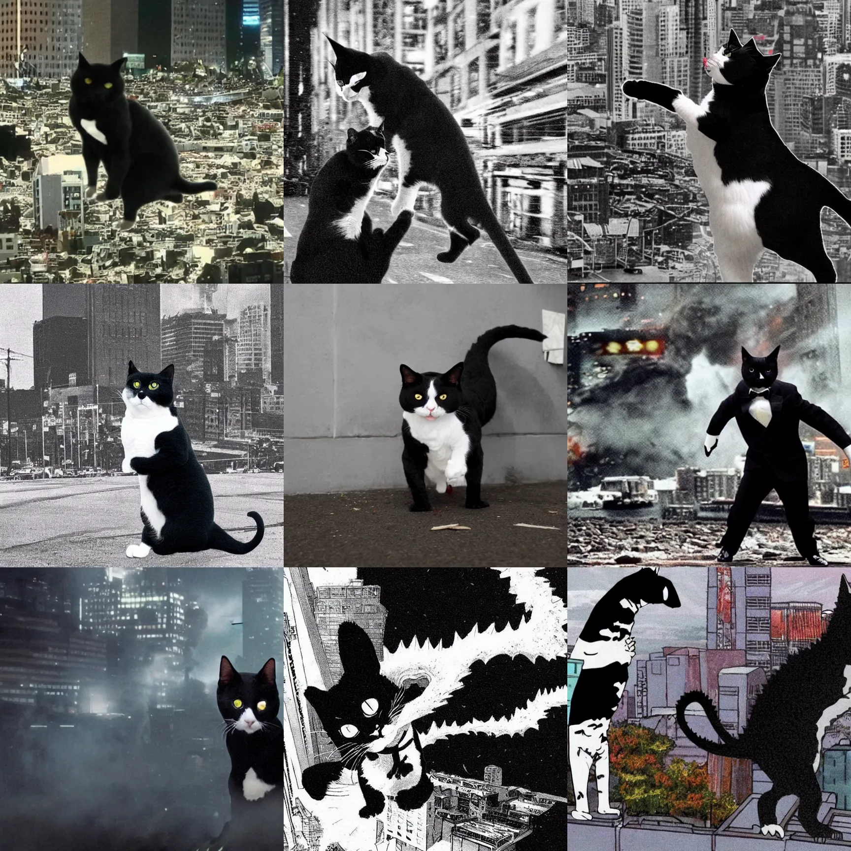 Prompt: a tuxedo cat destroying a city like godzilla