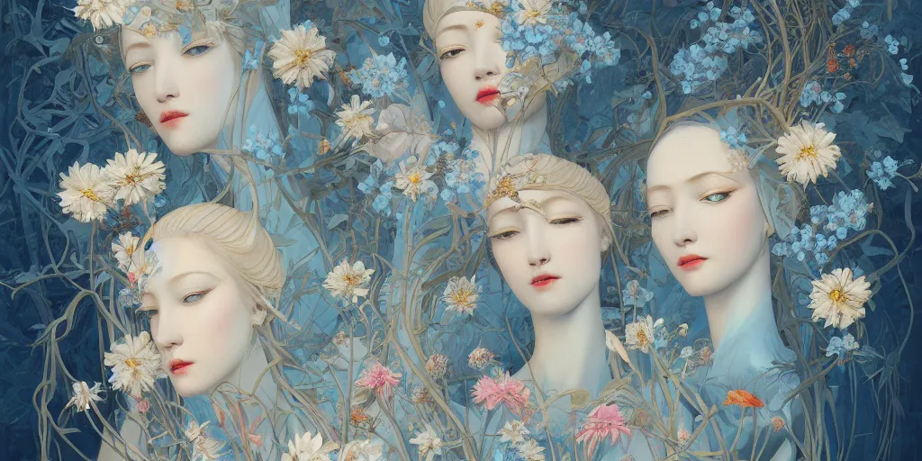 Image similar to breathtaking detailed concept art painting art deco pattern of blonde faces goddesses amalmation light - blue flowers with anxious piercing eyes and blend of flowers and birds, by hsiao - ron cheng and john james audubon, bizarre compositions, exquisite detail, extremely moody lighting, 8 k