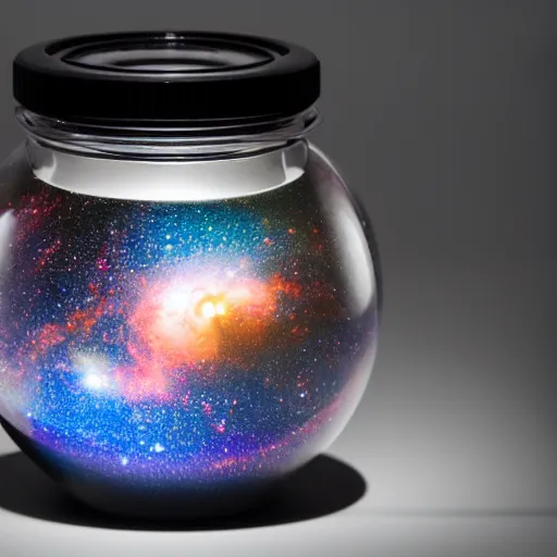 Prompt: a galaxy inside a jar. on a white table. single light source. studio photography. raytracing. closeup. 4K. 14mm lens. iso 180. f/2.8. W-1024