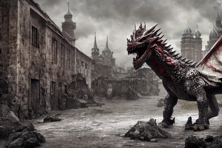 Prompt: photo of sad dragon from game of thrones with the background of the sreets of depressive soviet commieblocks houses, photorealism,