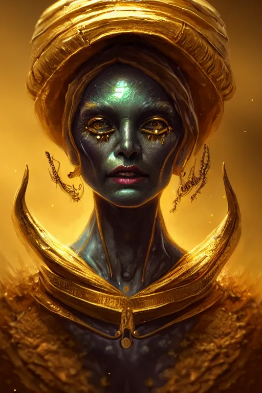 Prompt: beautiful ancient witch with alien face uses gold magic, highly detailed, digital painting, artstation, sharp focus, illustration, art by tan zi and ayanamikodon and alphonse and wlop