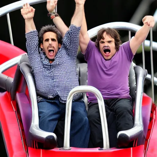 Prompt: ben stiller and jack black on rollercoaster, screaming!, hands in the air, highly detailed, high resolution, candid