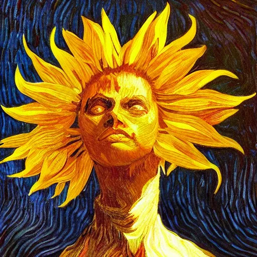 Prompt: giant sunflower head, woman in a luxury apartment, surreal, dramatic light, impressionist painting, digital painting, artstation, van gogh
