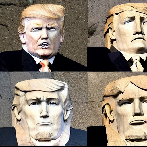 Prompt: donald trump's face carved into rock on mount rushmore. the photo clearly depicts the facial features of donald trump, at a slightly elevated level, depicting his particular hair style carved into the stone at the mountain top, centered, balances, regal, pensive, powerful, just