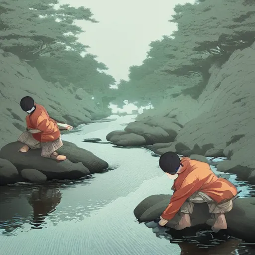 Image similar to character design, twin brothers doing nonsensical stuff in a river or something, in the style of killian eng kawase hasui james jean, artstation trending, 8 k, photorealistic, volumetric lighting caustics, black and white, detailed af