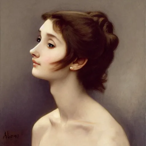 Prompt: A masterpiece head and shoulders portrait of Audrey Hepburn by William Adolphe Bouguereau