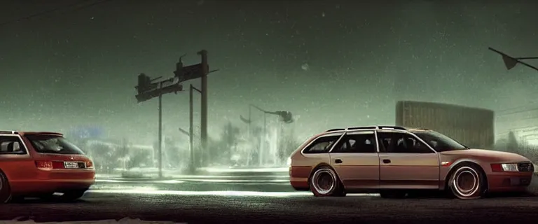 Image similar to Audi A4 B6 Avant (2002), a gritty neo-noir, dramatic bright lighting, cinematic, establishing shot, extremely high detail, photorealistic, cinematic lighting, artstation, by simon stalenhag, Snowy mountain road, At night