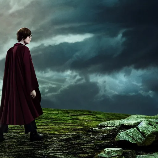 Image similar to Harry potter standing and holding a short wand, magic aura, side view, thunderclouds, cinematic shot, wide shot, epic scale, waving robe movement, photorealistic detail and quality, intricate ground stone, magical sigils, floating particle effects, movie still, nighttime, crescent moon, sharp and clear, action shot, intense scene, visually coherent, symmetry, rule of thirds, movement, photorealistic colors, cool colors transitioning to warm colors, modest tone, award winning, directed by Steven Spielberg, Christopher Nolan, Tooth Wu, Asher Duran, artstation