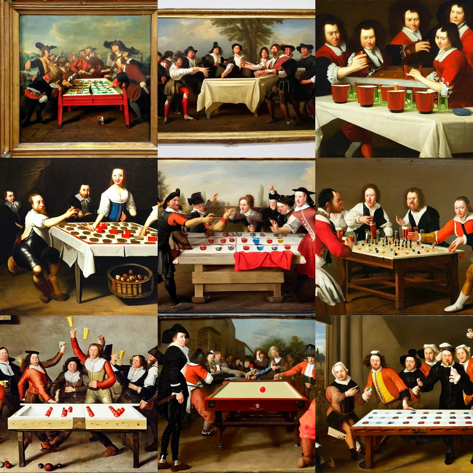 Prompt: Dutch oil painting from 1600s: Students playing beer pong on a table at a party, red solo cups, beer pong