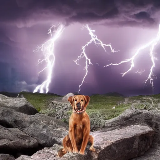 Image similar to a canine holding thor's hammer in its paw, dramatic lightning background, flying