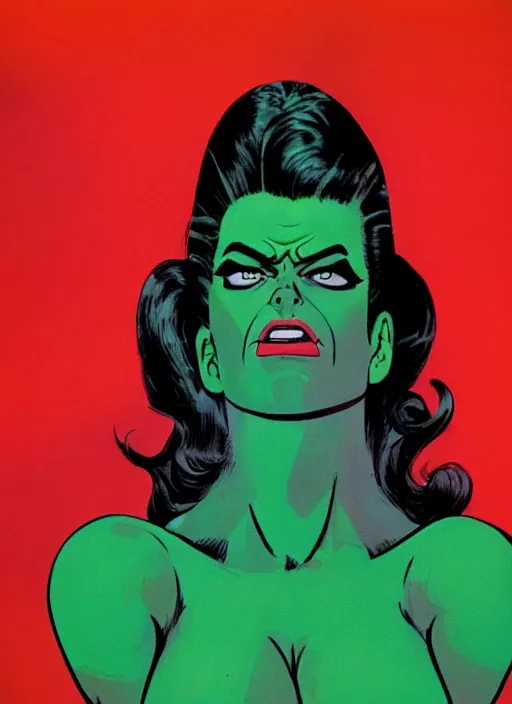 Image similar to a color photo portrait of she hulk wearing 6 0's fashion by helmut newton dramatic lighting, 7 5 mm lens, sharp focus.