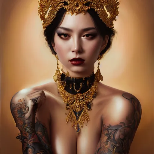 Prompt: expressive oil painting, of alluring european princess, seductive look, smooth glowing skin, glistening body, love, adoration, ornate headpiece made from black beads, choker, earrings, glamour shot, tattoos, sultry, by yoshitaka amano, by greg rutkowski, by jeremyg lipkinng, by artgerm, digital art, octane render