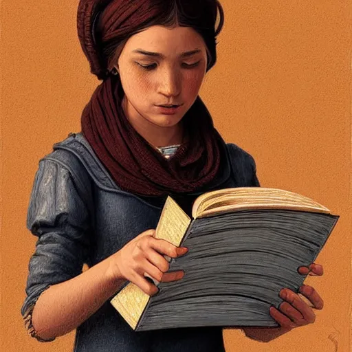 Image similar to village girl reading a book, highly detailed, digital painting, artstation, concept art, illustration, art by artgerm and Johfra Bosschart