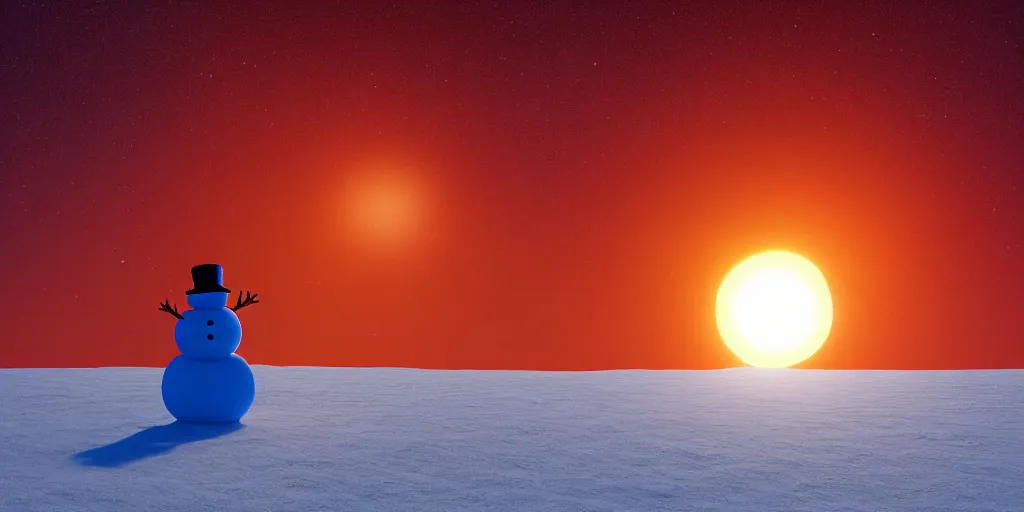 Image similar to a snowman standing on top of the sun. the ground is made entirely of fire and is glowing orange. cinematic, dramatic, epic, volumetric lighting, atmospheric, red, orange extremely coherent, 8 k, space