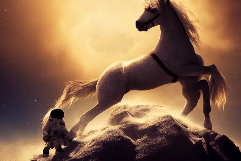 Prompt: a horse on top and an astronaut on bottom, horse is riding on the astronaut, 4 k, ultra details, cinematic, epic style, beautiful photo, hyper realistic, octane render, unreal engine, award winning, on artstation, volumetric lightning, masterpiece, golden hour,