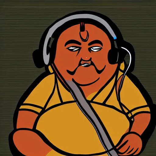 Image similar to sri lankan fat man with headphones playing games, digital art