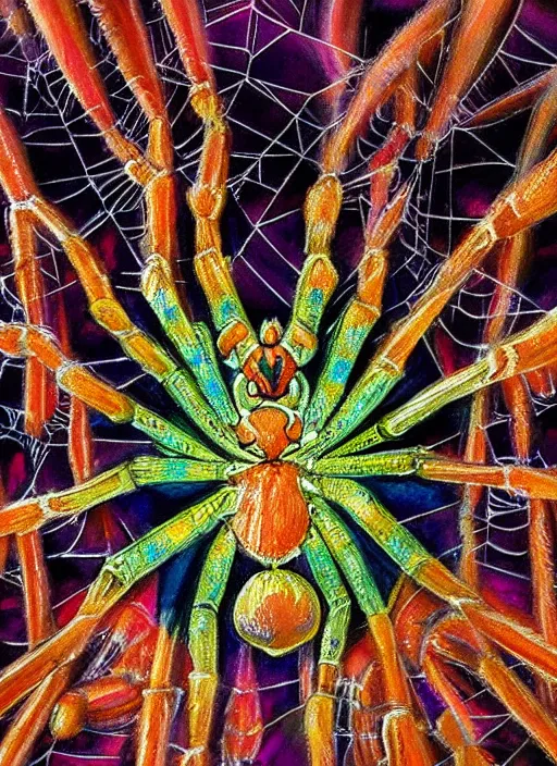 Image similar to a painting of symetrical spider seen from above, made of multicolored crystals, fantasy art, realistic