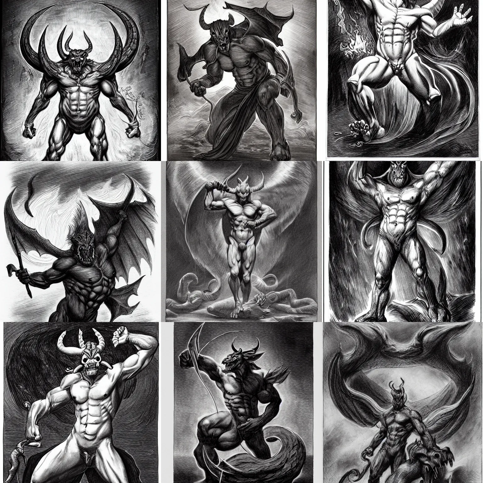 Prompt: full body, grayscale, 3/4 view, three quarter view, balrog, demon, muscled, large horns, heroic pose, arms to side, hoofs, claws, long tail with horns, covered by flames, tattoo, stylized, tarot, Gustave Dore, white on black, high contrast