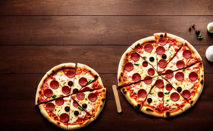 Image similar to a pizza on wooden table, natural light, cinematic lighting, 8 k