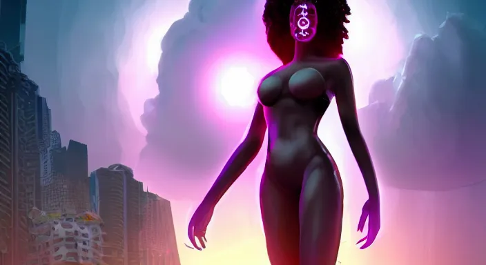Image similar to portrait of beautiful cyberpunk black woman, rio de janeiro!! pao de acucar!! corcovado ipanema!! foggy on the background, soft purple lighting digital art trending on artstation concept art