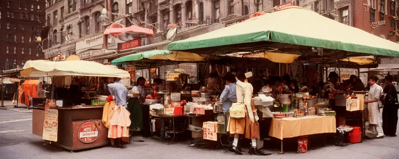 Image similar to food stand selling spaghetti, in downtown nyc, kodachrome, in the style of wes anderson, retro