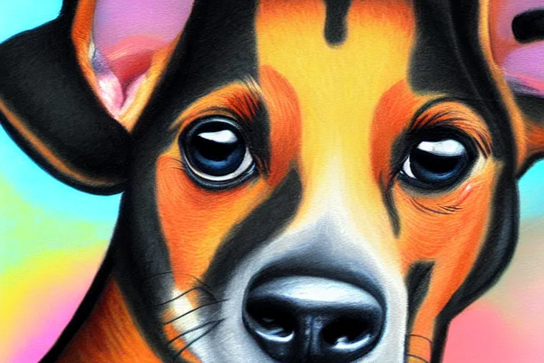 Image similar to detailed painting of a min pin dog by tim shumate