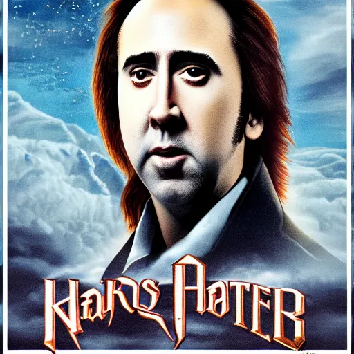 Image similar to a film poster of nicolas cage in harry potter, photorealism, film grain,