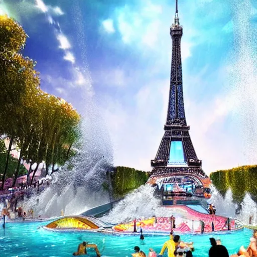 Prompt: paris eiffel tower waterpark with water slides, digital art, epic composition, highly detailed, cinematic lighting