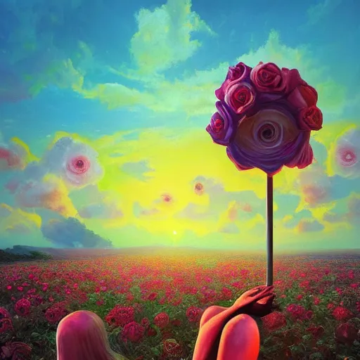 Image similar to giant rose flower as a head, full body girl sitting in a flower field, surreal photography, sunrise, dramatic light, impressionist painting, colorful clouds, digital painting, artstation, simon stalenhag