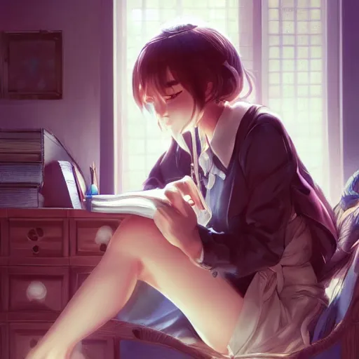 Prompt: a beautiful detective girl sitting in her office | | cute - fine - face, pretty face, fine details by stanley artgerm lau, wlop, rossdraws, james jean, andrei riabovitchev, marc simonetti, and sakimichan, trending on artstation