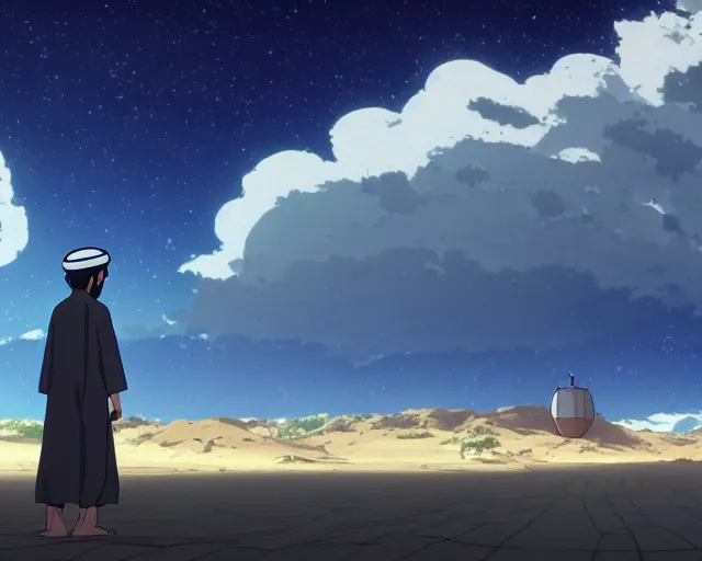 Image similar to an arab man in the desert with a storm, makoto shinkai, loish, studio ghibli