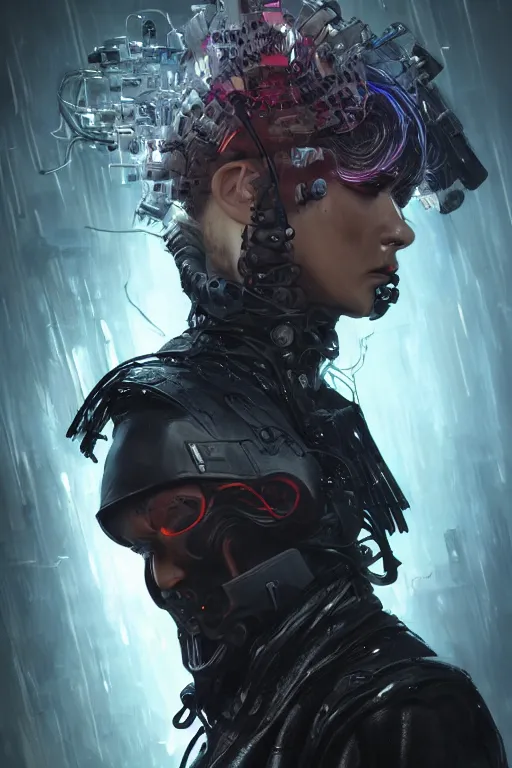 Image similar to A cyberpunk hunter villain who wears a black hooded leather jacket, stern face, prosthetic arm, and flowing ribbons of light pouring into him, cinematic lighting, hyper-detailed, cgsociety, 8k, high resolution, in the style of Charlie Bowater, Tom Bagshaw, Alexis Franklin, Elena Masci, Pawel Rebisz