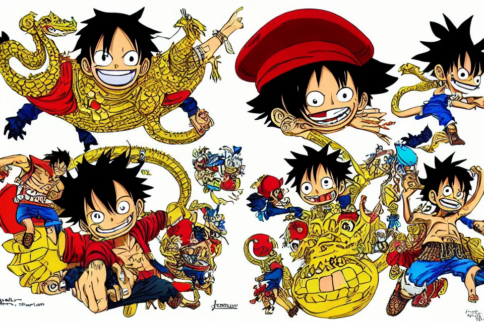 Image similar to concept sketches of luffy wearing a gold crown riding a large dragon by jamie hewlett, in the style of megaman, micro detail