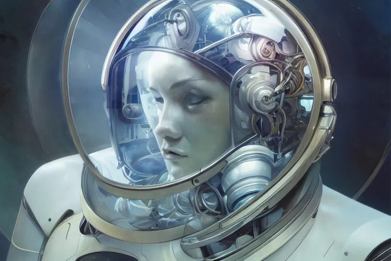 Prompt: portrait of a biomechanical head inside a futuristic space helmet, vintage transistors, white metal, iridescent visor, distant memories, art by Ruan Jia and artgerm and Alphonse Mucha,