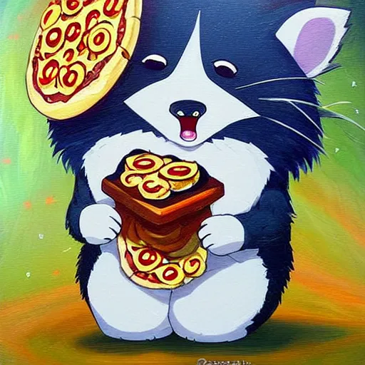 Image similar to a jeremiah ketner and studio ghibli acrylic impasto! painting! of a crying, sad and adorable and cute raccoon eating pizza