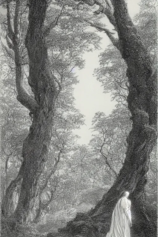 Prompt: black and white, woman near giant tree in the forest, Gustave Dore lithography