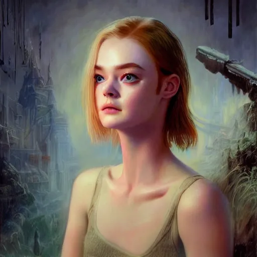 Image similar to ultra realistic medium shot masterpiece portrait painting of elle fanning in the painted world of resident evil and bruce pennington, apocalypse, cosmic horror, artstation, art by frank frazetta, 4 k, ultra realistic, highly detailed, epic lighting