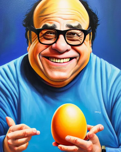 Image similar to painting portrait of danny devito as an egg, cartoon, warm lighting, danny devito has an egg body, movie poster, illustration by bartek fedyczak, erak note, tooth wu, neil richards, kan liu, siwoo kim, jisu choe, trending on art station