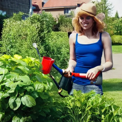 Image similar to a beautiful canadian woman, on her kness, doing some light gardening,